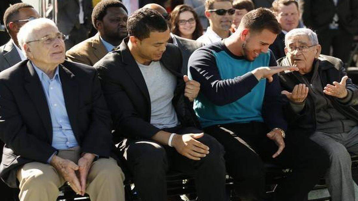 
Former Marlins manager Jack McKeon, current players Giancarlo Stanton and Jose Fernandez, and legendary announcer Rafael “Felo” Ramirez look on during a press conference Friday, Feb. 13, 2015 to announce that the 2017 MLB All-Star Game will be played at Marlins Park.
