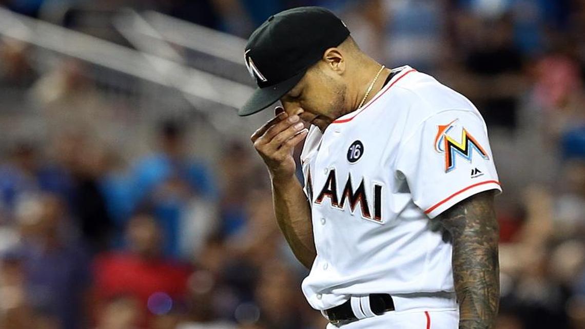 Miami Marlins pitcher A.J.Ramos reacts as he struggles in the ninth inning of the Miami Marlins vs Los Angeles Dodgers game at Marlins Park in Little Havana in Miami on Friday, July 14, 2017.