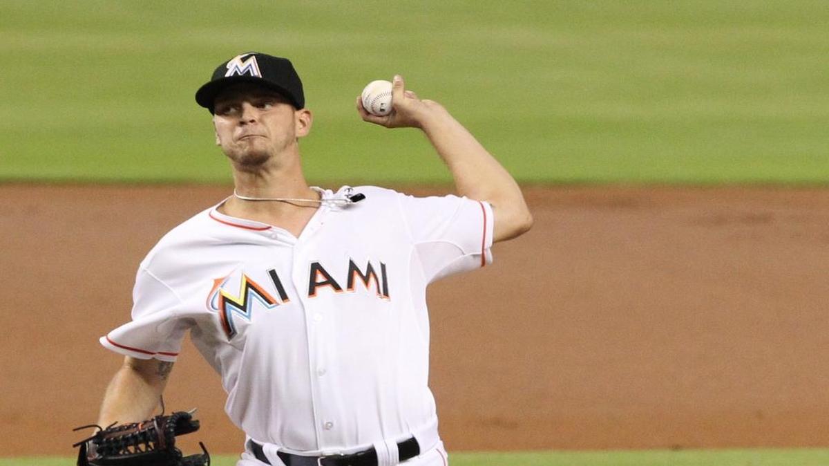 Justin Nicolino of the Miami Marlins pitches against the Boston Red Sox on Tuesday, August 11, 2015 at Marlins Park in Miami.