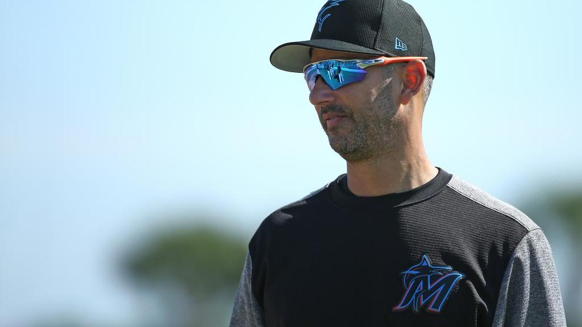 Miami Marlins special adviser to baseball operations Jorge Posada during practice before the start of a Major League Baseball spring training game against the New York Mets on March 5, 2019, in Jupiter, Fla.