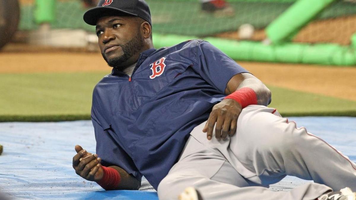 Boston’s David Ortiz stretches at Marlins Park before the Red Sox face the Marlins on August 11, 2015.