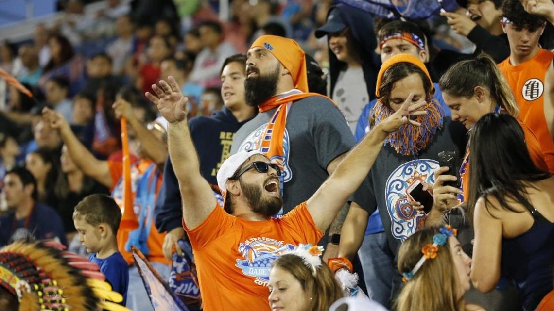 Miami FC fans show their support as Miami FC plays the New York Cosmos at FIU’s Riccardo Silva Stadium in Miami on April 8, 2017.
