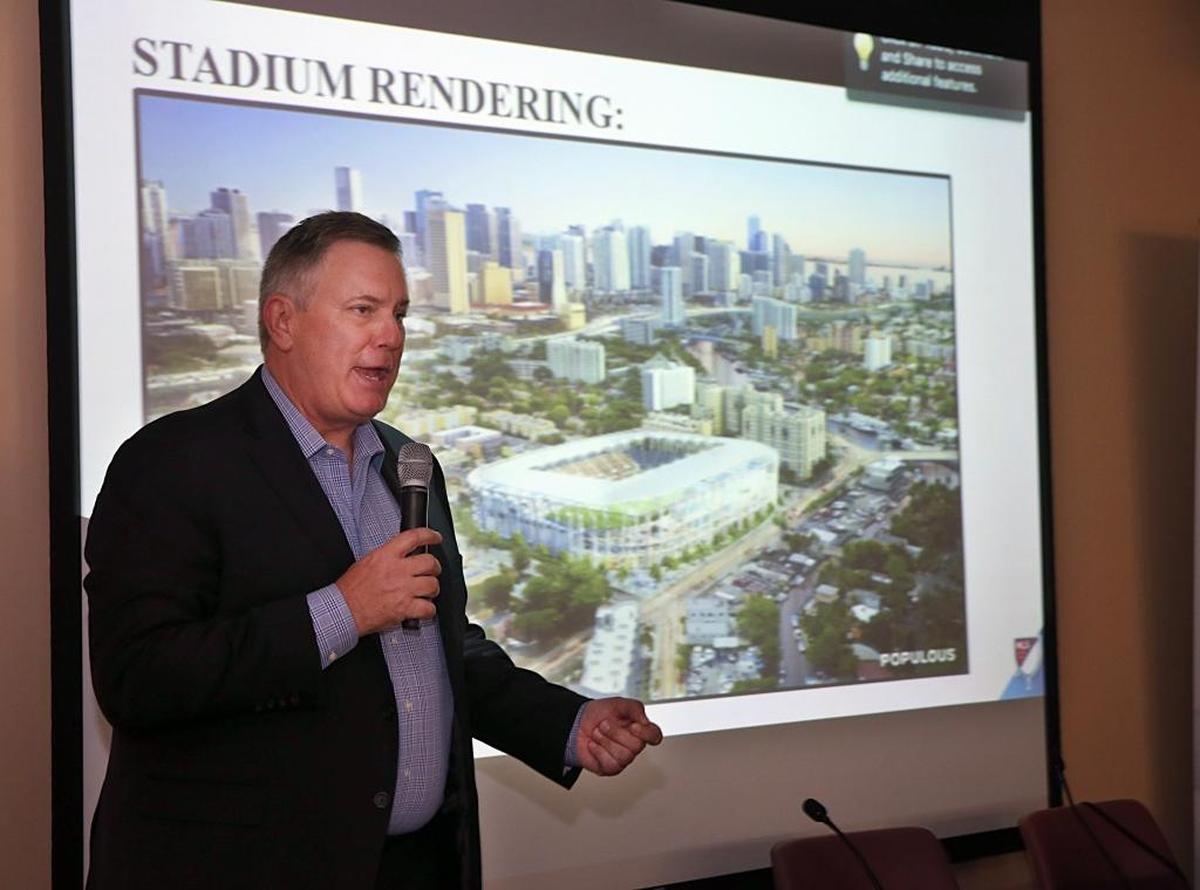 Tim Leiweke, CEO Oak View Group- The David Beckham group- speaks during a town hall meeting with Miami-Dade County Mayor Carlos Gimenez, County Commissioner Audrey Edmonson, Overtown residents and the Spring Garden Civic Association as The Beckham organization returns to Overtown to pitch its once-stalled soccer stadium. The meeting took place at YMCA Overtown. Wed., May 17, 2017.