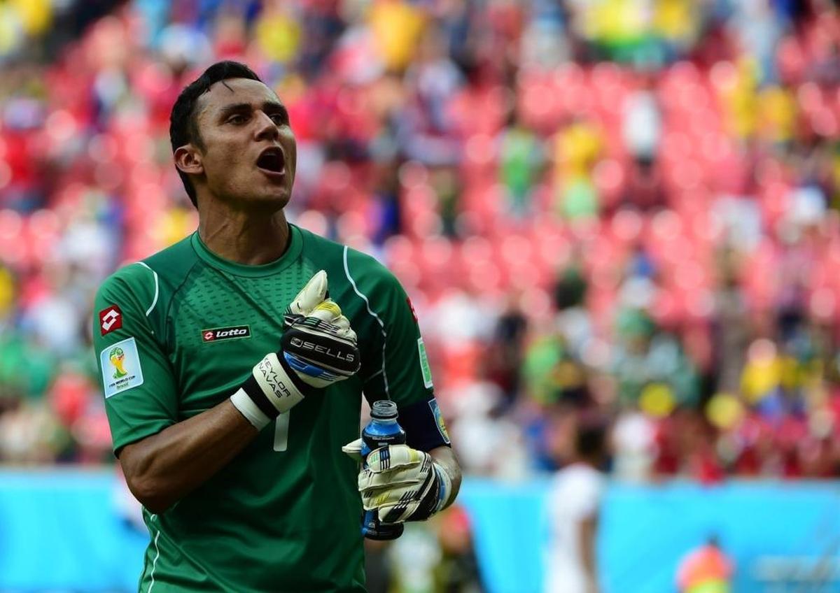 Costa Rica's goalkeeper Keylor Navas reacts after a Group D football match between Italy and Costa Rica at the Pernambuco Arena in Recife during the 2014 FIFA World Cup on June 20, 2014.