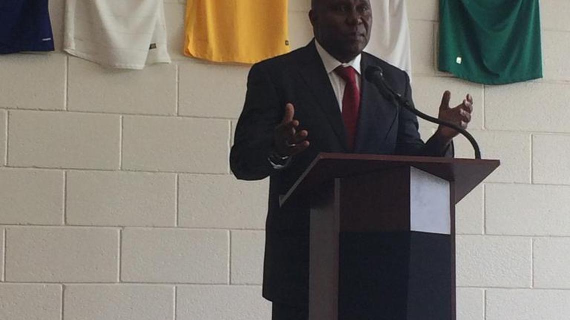 
Miami resident Ernst "ZeNono" Jean-Baptiste announces his FIFA presidency campaign Tuesday at Central Broward Stadium in Lauderhill.
