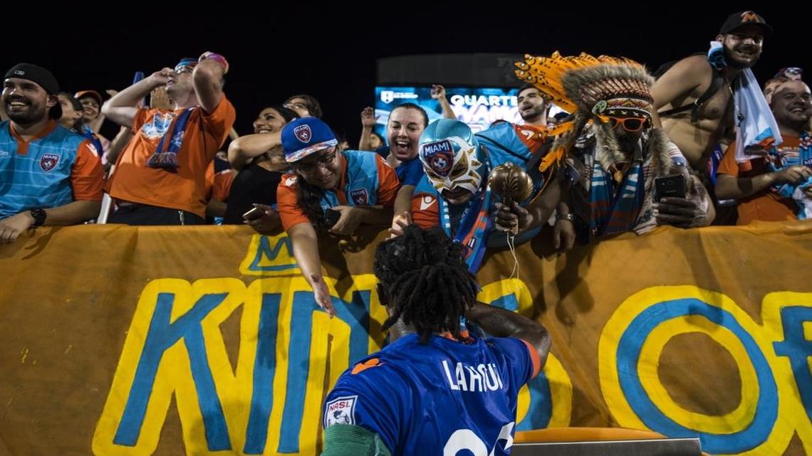Miami FC midfielder Michael Lahoud greets fans after the team’s win against Atlanta United FC of Major League Soccer in the Round of 16 of the U.S. Open Cup at Riccardo Silva Stadium on June 28, 2017. Miami FC hopes to upset Inter Miami in the 2022 U.S. Open Cup.