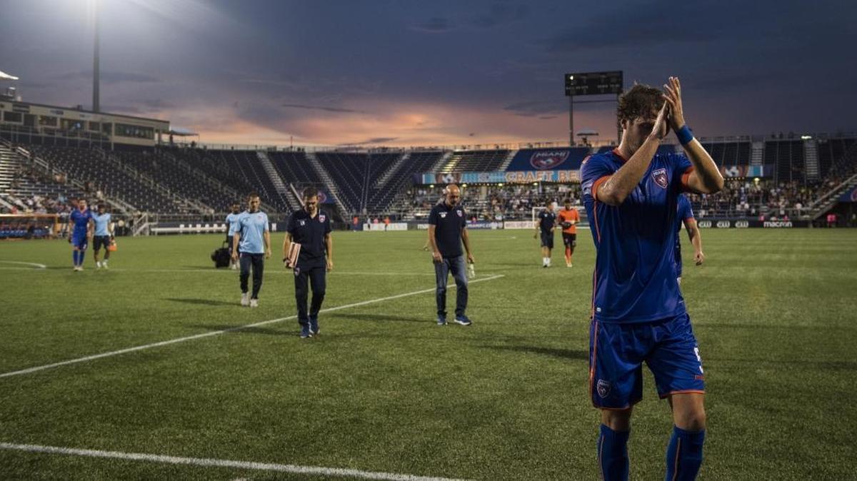 Miami FC comes off the pitch after a successful first half as Miami FC plays in the Round of 16 of the US Open Cup against Atlanta United FC of the MLS, on Wednesday, June 28, 2017.