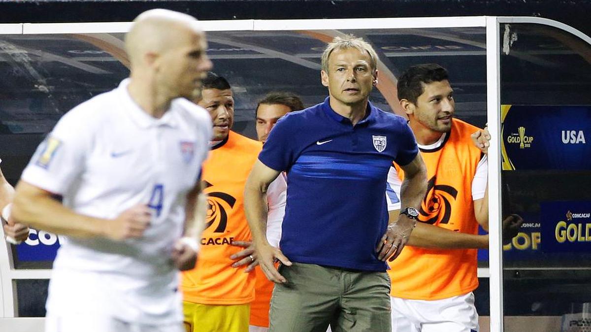 U.S. men’s soccer coach Jurgen Klinsmann, right, looks on during the second half of a surprising loss to Jamaica during the semifinals of the CONCACAF Gold Cup in July.