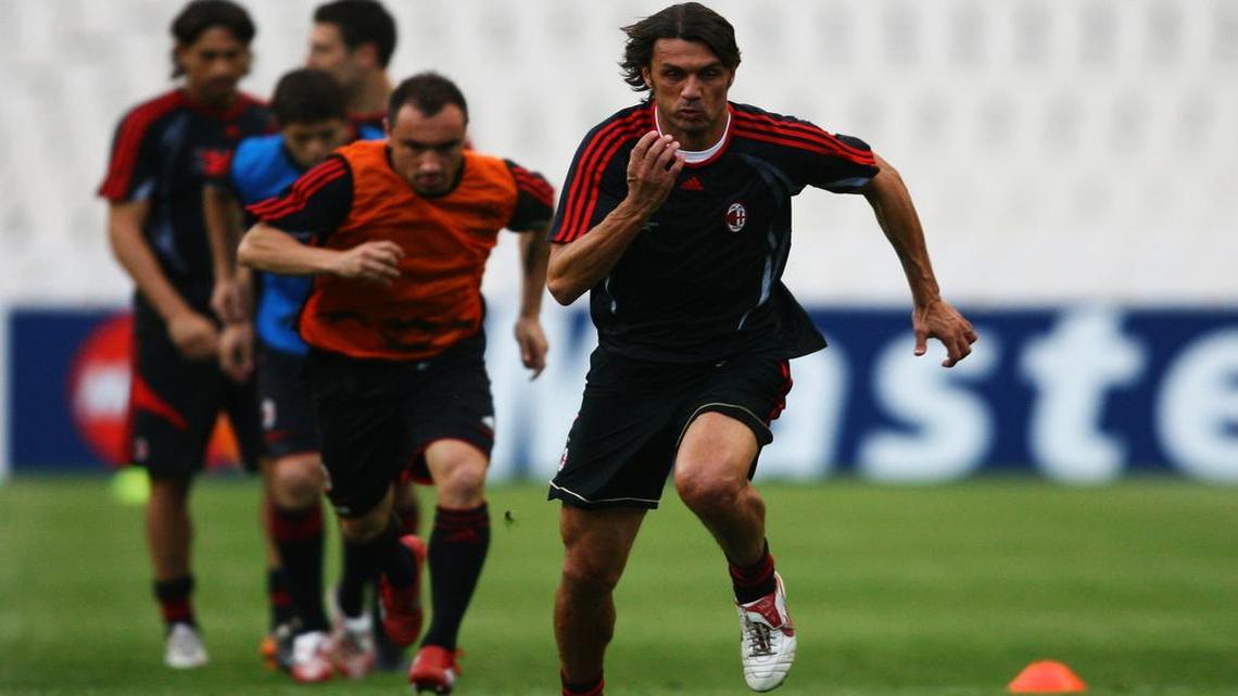 
Paolo Maldini, the Milan captain sprints during an AC Milan training session prior to the UEFA Champions League Final between AC Milan and Liverpool at the Olympic Stadium on May 22, 2007 in Athens, Greece. 
