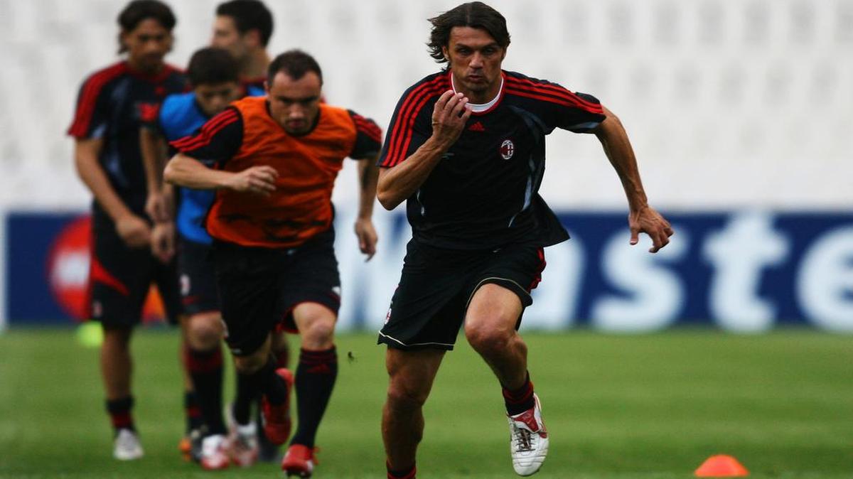 
Paolo Maldini, the Milan captain sprints during an AC Milan training session prior to the UEFA Champions League Final between AC Milan and Liverpool at the Olympic Stadium on May 22, 2007 in Athens, Greece. 
