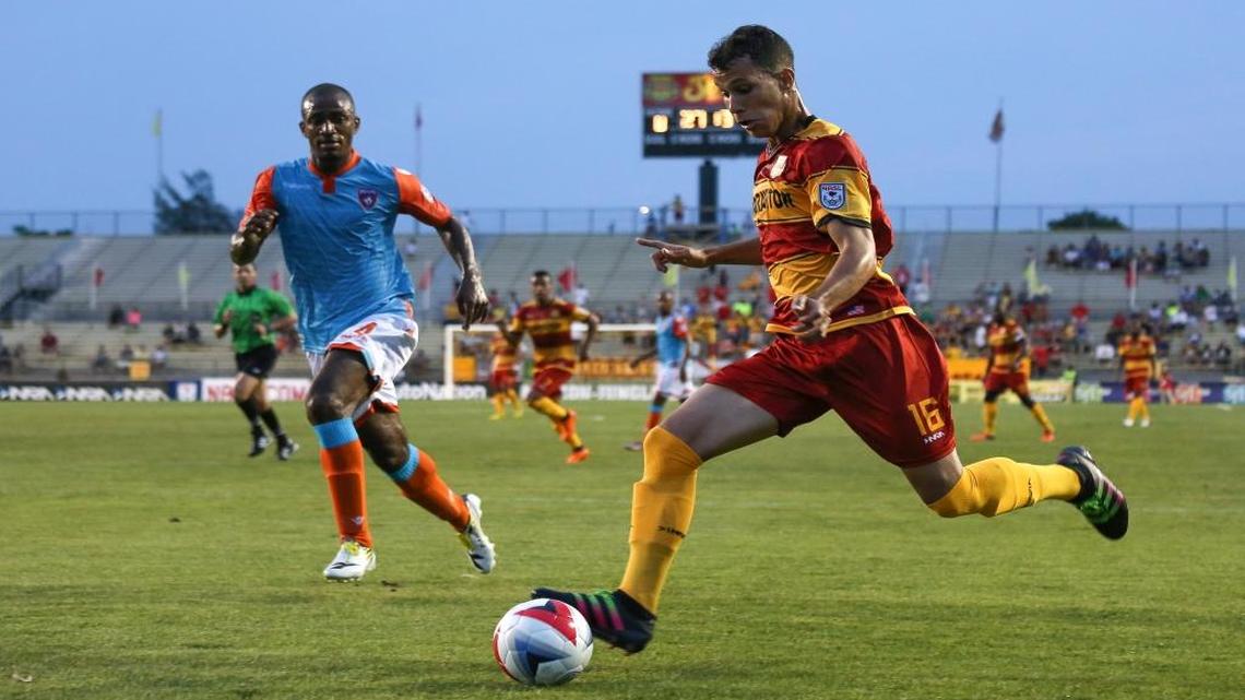 Fort Lauderdale Strikers’ Luis Fernandes drives the ball during a match against Miami FC at Lockhart Stadium in Fort Lauderdale on April 2, 2016.
