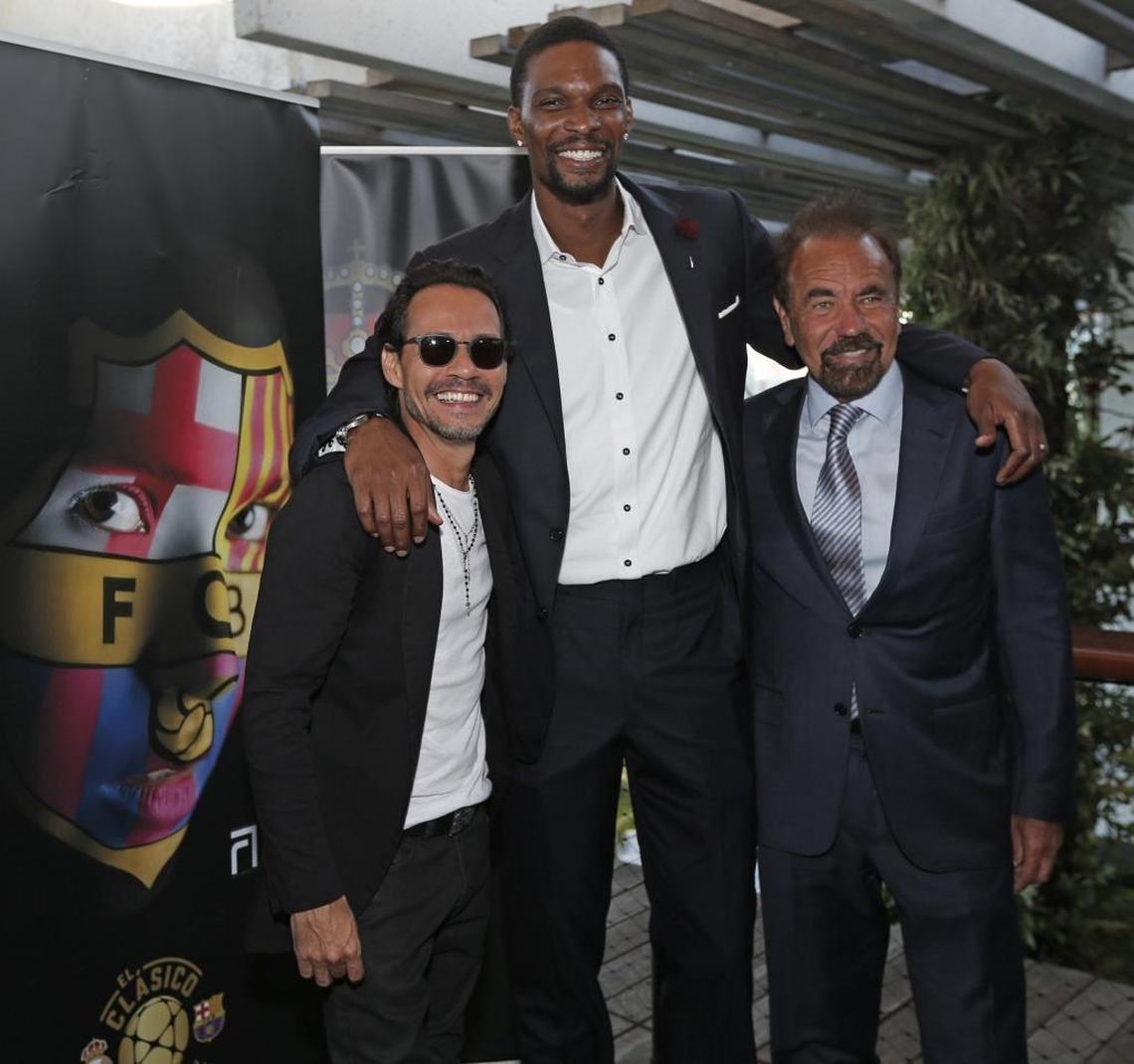 Marc Anthony, Chris Bosh and Jorge Perez on Wed., May 3, 2017 during announcement that Anthony will be the music star of El Classico, the 2017 International Champions Cup presented by Heineken for the match between Real Madrid C.F. and FC Barcelona on Saturday at Hard Rock Stadium in Miami Gardens.