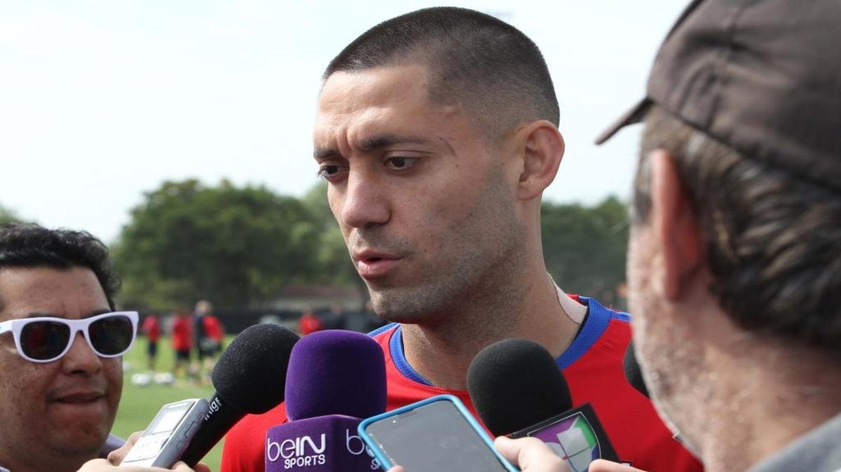 U.S. national team player Clint Dempsey speaks to the media after a practice session Monday, March 21, 2016 at Barry University in Miami Shores, Florida.