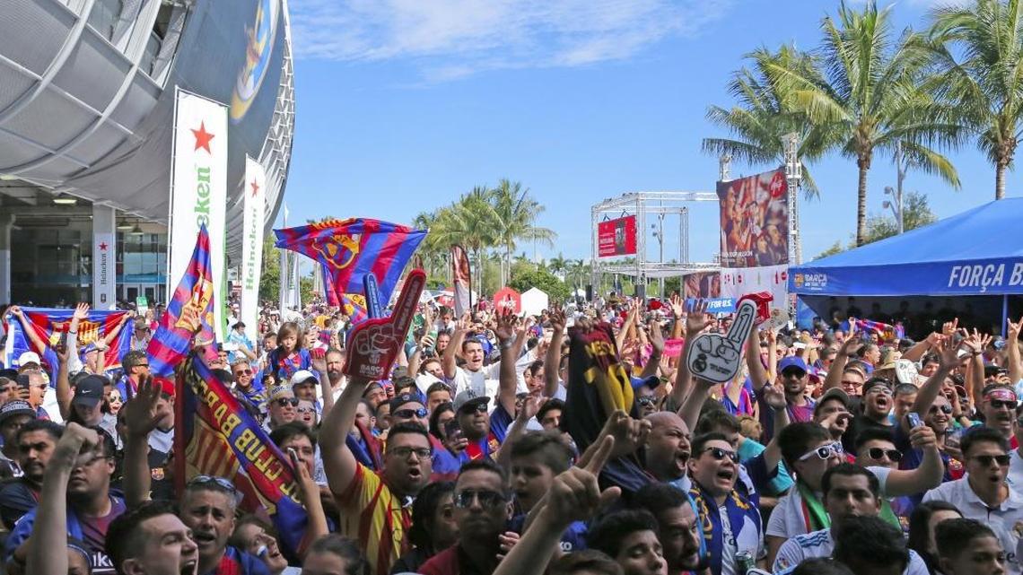 Thousands of fans enjoy of the activities outside Hard Rock Stadium before the start of El Clasico Miami Barcelona-Real Madrid match on Saturday night.