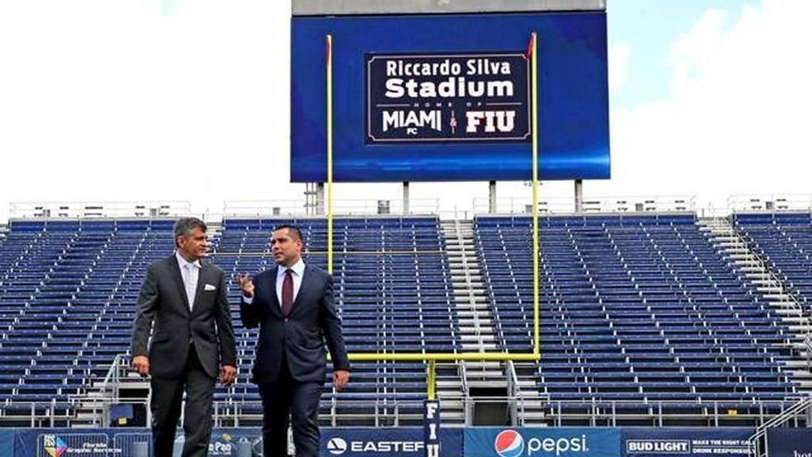 Miami FC owner Riccardo Silva (right), who donated a record $3.76 million to FIU Stadium, shown with FIU athletic director Pete Garcia at the stadium naming last week.