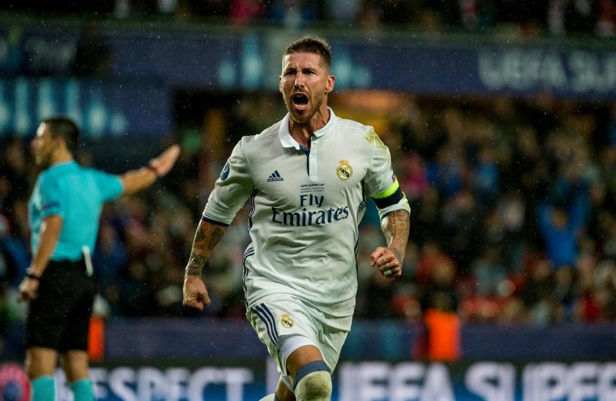 Real Madrid's Sergio Ramos reacts after scoring his team's second goal against Sevilla during the Super Cup 2016 soccer match in Trondheim, Norway, Tues. Aug. 9, 2016.