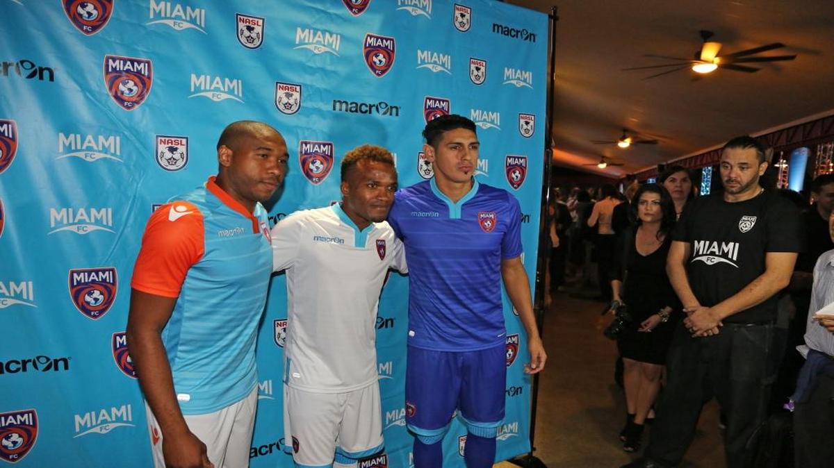 Wilson Palacios, Dane Richards and Jaime Chavez of Miami FC during the uniform unveiling at American Social Restaurant in Miami on Thursday, December 10, 2015.