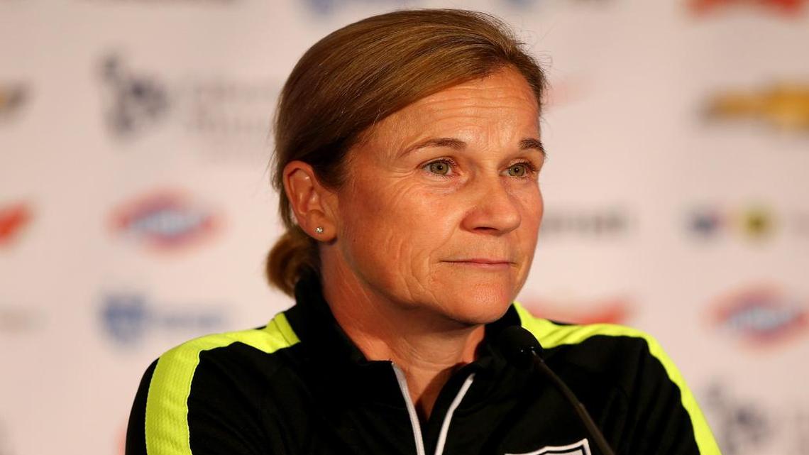 
Head coach Jill Ellis answers questions during United States Women's World Cup Media Day at Marriott Marquis Hotel on May 27, 2015 in New York City. 
