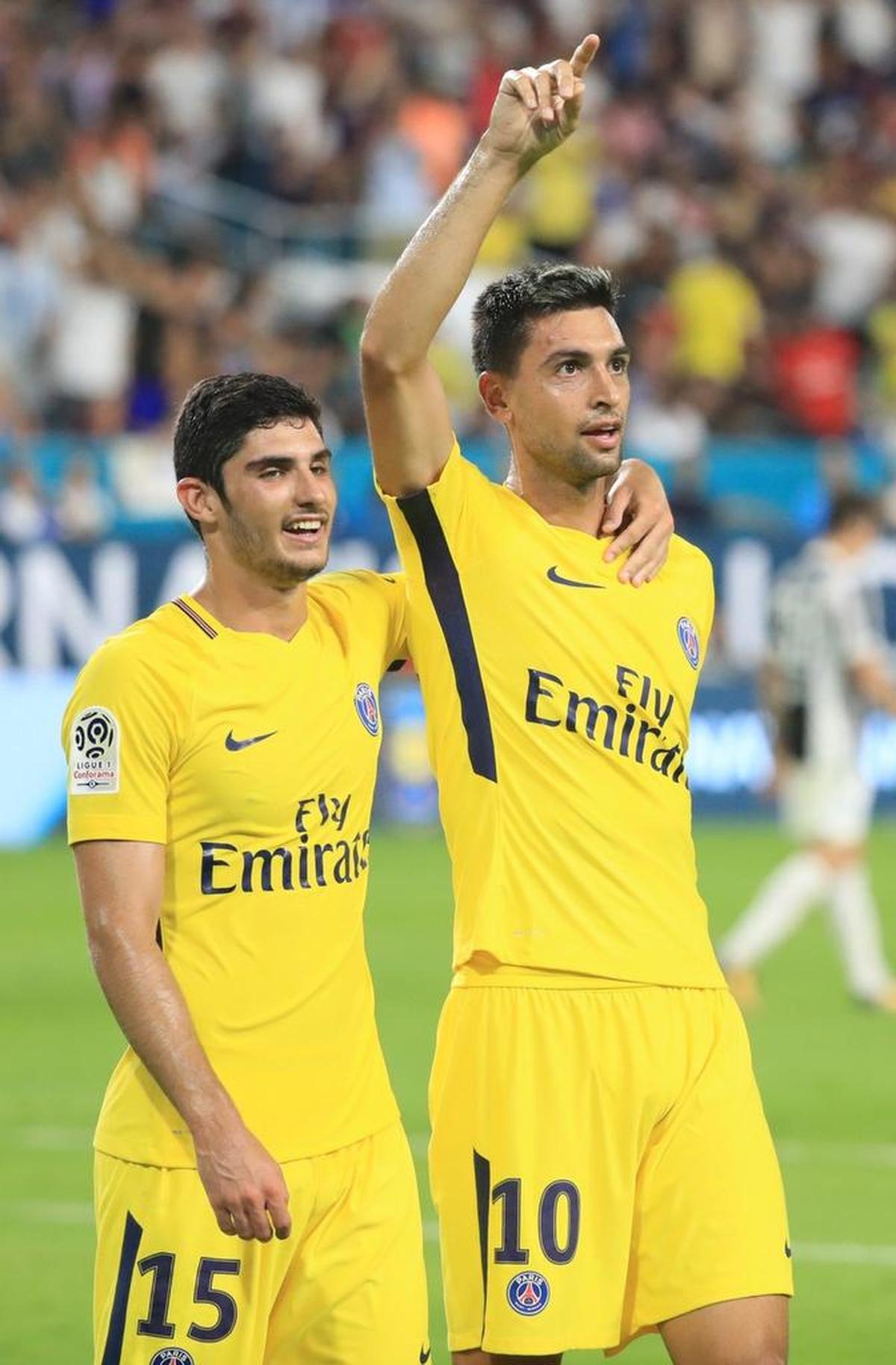 Paris Saint-Germain midfielder Javier Pastore (10) celebrates his goa; in the second half with forward Goncalo Guedes (15) as Juventus plays Paris Saint-Germain at Hard Rock Stadium on Wed., July 26, 2017.