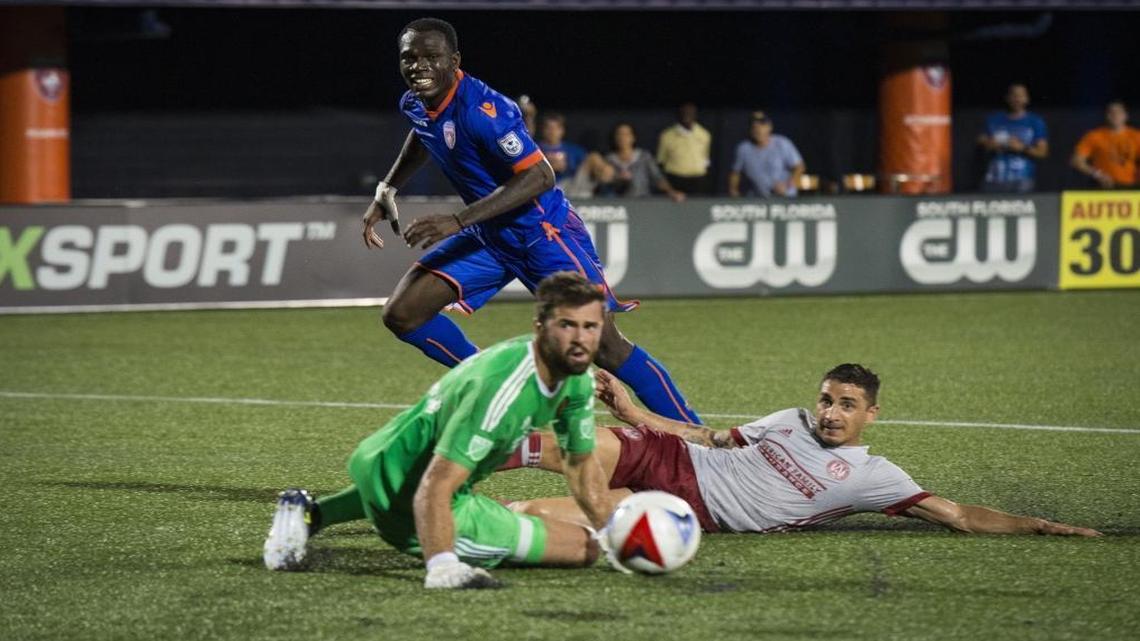 Miami FC forward Kwadwo Poku scores a goal during extra time in the 90th minute to win the game as Miami FC plays in the Round of 16 of the US Open Cup against Atlanta United FC of the MLS, Wed., June 28, 2017.