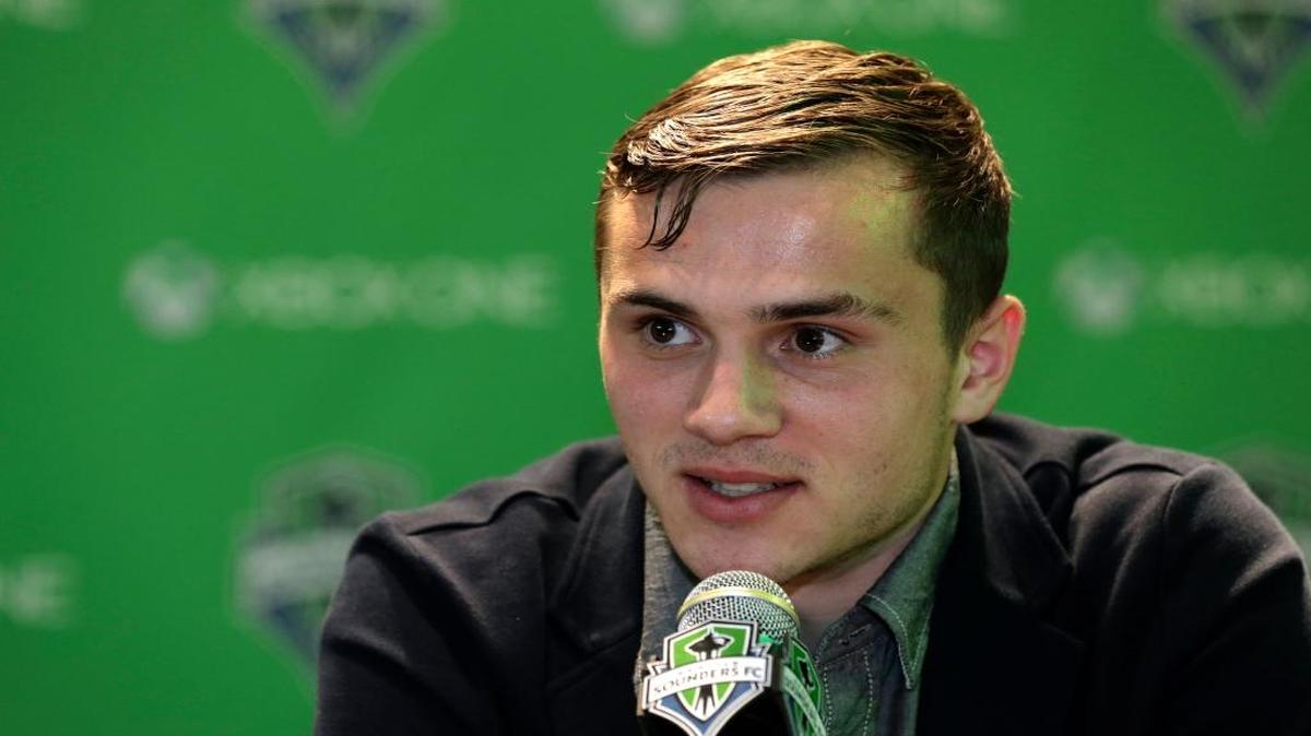 Jordan Morris speaks Thursday, Jan. 21, 2016, in Seattle after the MLS soccer Seattle Sounders FC announced his signing as a forward. Morris, who played for Stanford, was the Hermann Trophy winner in 2015 as the top college player in the country.