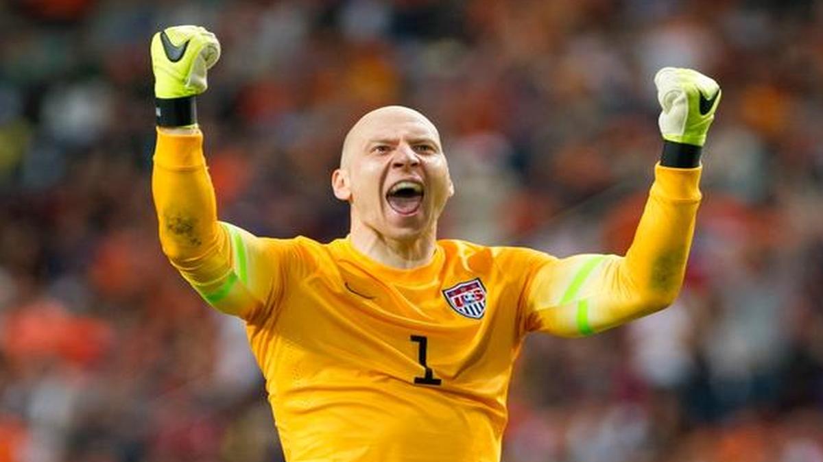 Team USA goalkeeper Brad Guzan celebrates a victory after an international friendly against the Netherlands in Amsterdam, Friday, June 5, 2015.