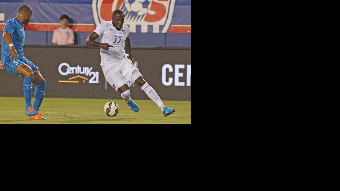 
Jozy Altidore gets ready to score a goal in the first half while Victor Bernardez defends during a soccer friendly between the United States and Honduras at FAU Stadium in Boca Raton on Tuesday, October 14, 2014.
