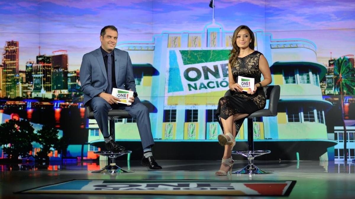 Max Bretos and Antonietta “Toni” Collins on the set of One Nacion in South Beach, will be among the ESPN reporters covering El Clasico Miami.
