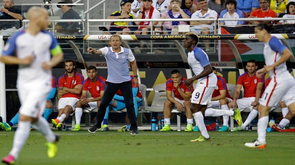 United States coach Jurgen Klinsman gives instructions to his players during a Copa America Centenario Group A soccer match against Colombia at Levi's Stadium in Santa Clara, Calif., Fri., June 3, 2016.