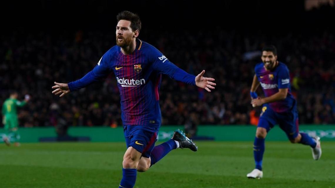 Lionel Messi of FC Barcelona celebrates after scoring his team’s second goal during the La Liga match between Barcelona and Deportivo Alaves at Camp Nou on Jan. 28, 2018, in Barcelona, Spain. FC Barcelona won 2-1.