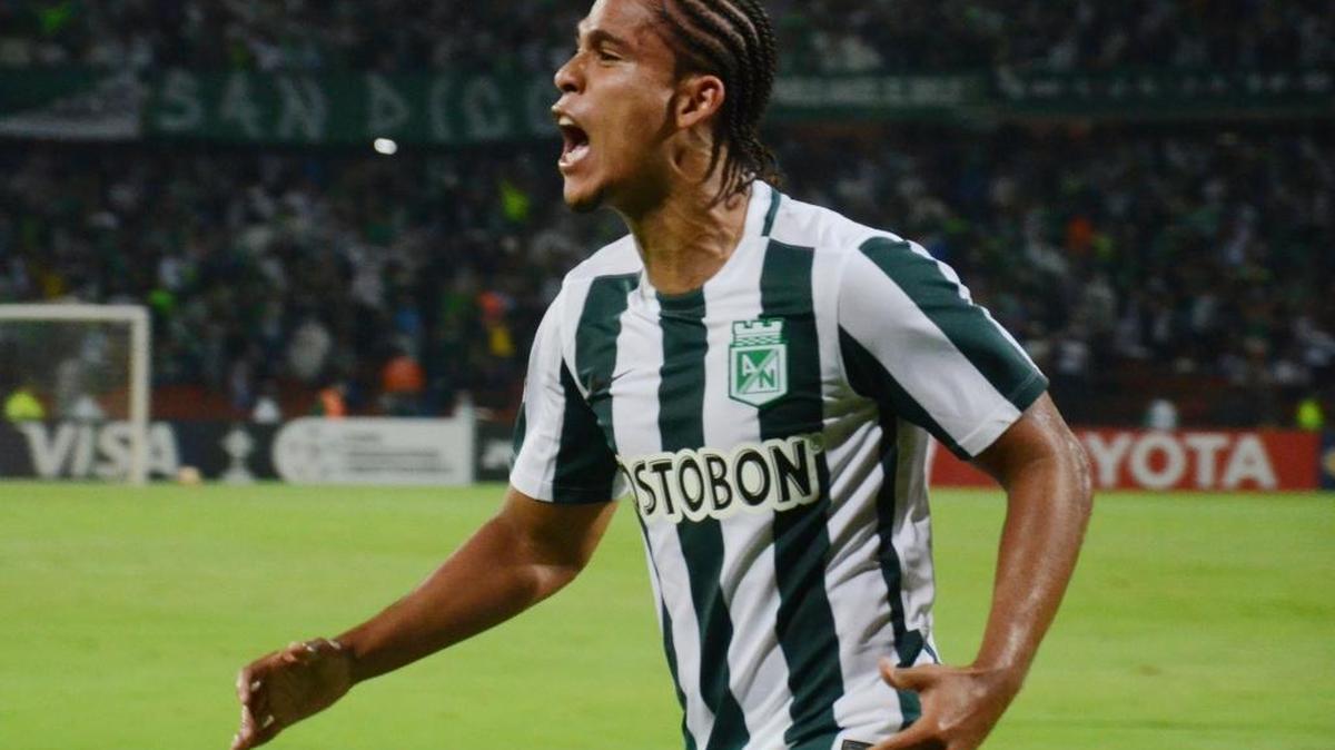 Jairo Palomino of Colombia’s Atletico Nacional celebrates his goal against Ecuador’s Barcelona at a Copa Libertadores soccer match in Medellin, Colombia, on Thursday, March 19, 2015.