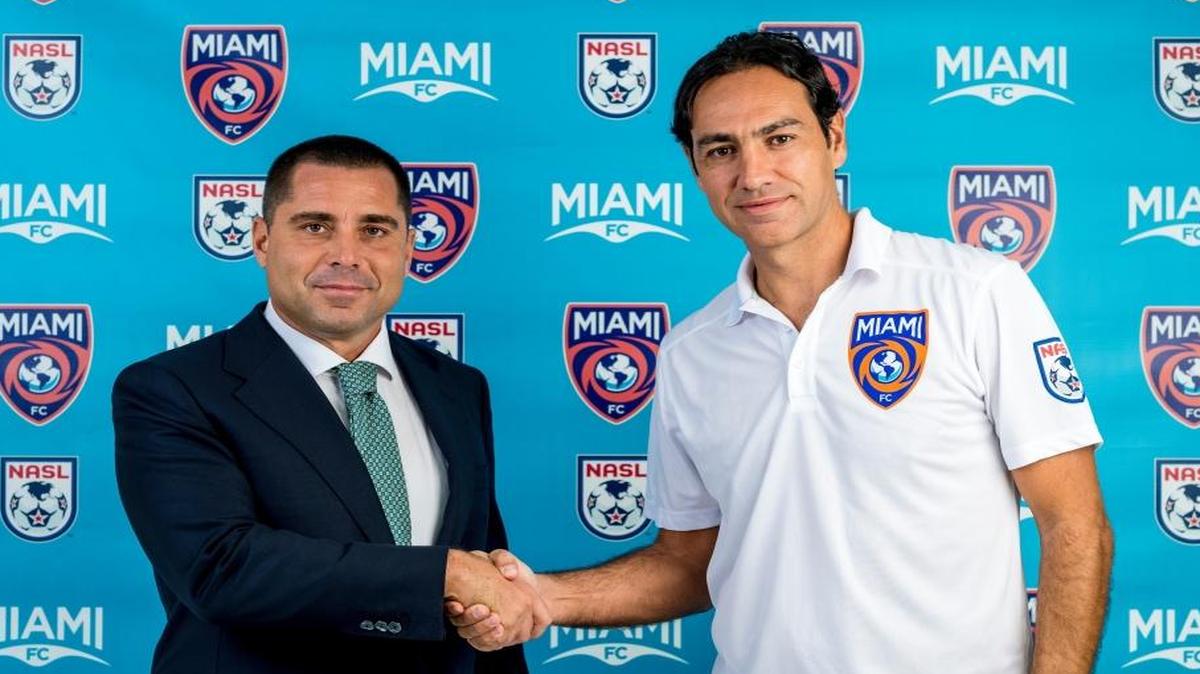 Said new midfielder Michael Lahoud of Miami FC manager Alessandro Nesta, right, ‘a winner. He’s won everything you can in this game. His expectations of us are very high. We have to match his ambition.’