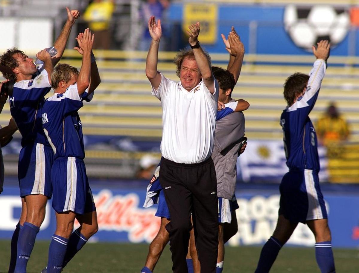Coach Ray Hudson and The Miami Fusion celebrate a victory over the Kansas City Wizards in the first round playoff game at Lockhart Stadium in Fort Lauderdale on September 22, 2001.