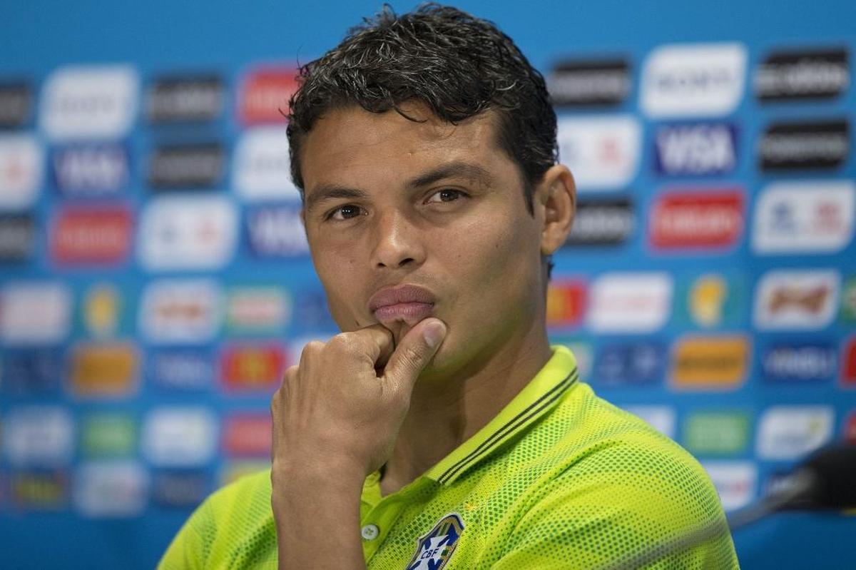 Brazil's Thiago Silva looks on during a news conference, the day before the World Cup semifinal soccer match between Brazil and Germany, at the Mineirao Stadium in Belo Horizonte, Brazil, Mon., July 7, 2014.