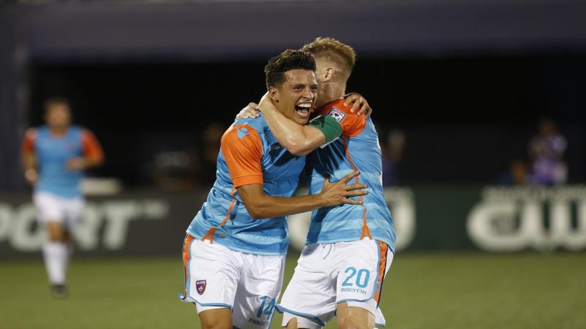 Ryan Kcira celebrates the Miami FC win.