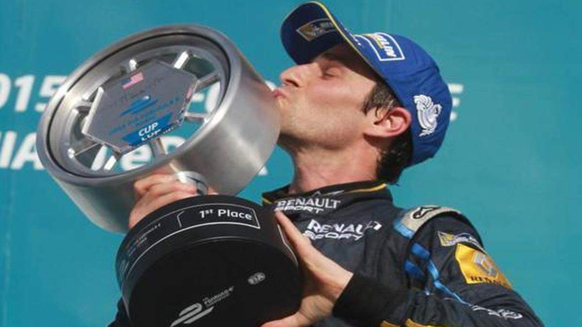 
Nicolas Prost celebrates after winning Miami ePrix, the first FIA Formula-e race in the U.S., on Saturday, March, 14, 2015 in downtown Miami.
