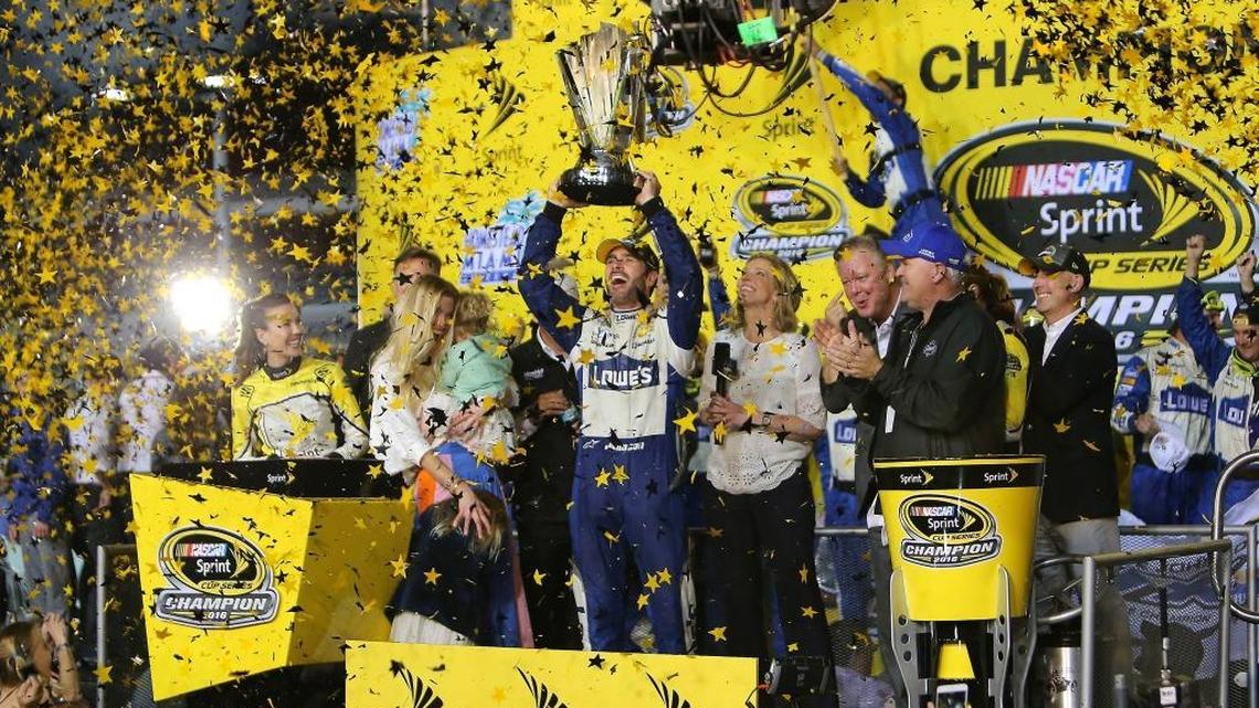 Jimmie Johnson (48) celebrates after winning the NASCAR Sprint Cup Series and Ford EcoBoost 400 Championship at Homestead-Miami Speedway on Sunday, Nov. 20, 2016.