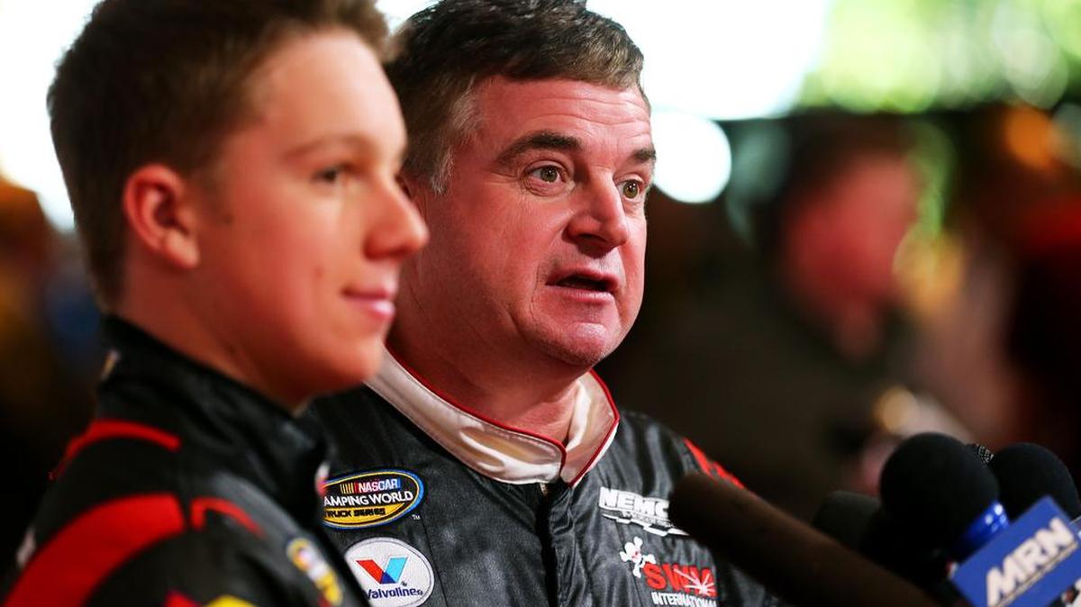 Camping World Trucks Series driver John Hunter Nemechek, left, said his father, Joe, right, has been a ‘great influence’ during his young racing career. John Hunter will pay tribute on Friday night to his dad’s brother and namesake, who died in a crash at Homestead in 1997.