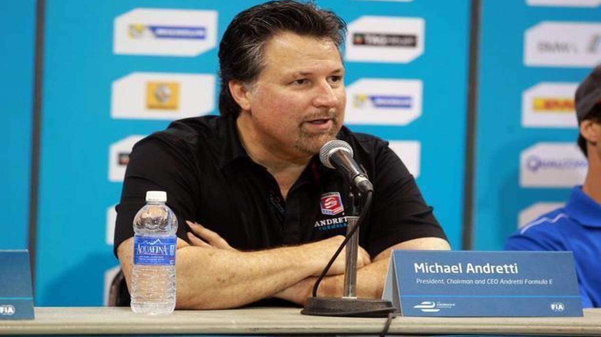 
Michael Andretti speaks to the media at AmericanAirlies Arena on Friday, March, 13, 2015, the day before Miami ePrix in downtown Miami. 
