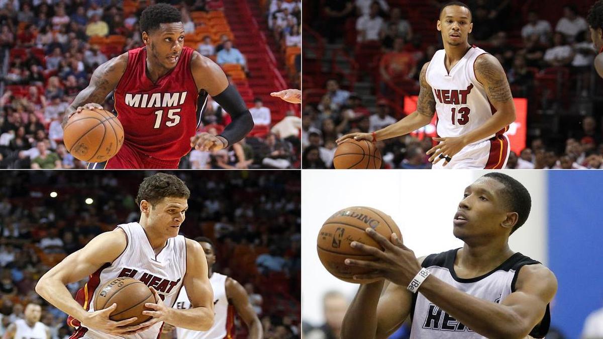 
Clockwise from top left: Mario Chalmers, Shabazz Napier, Josh Richardson and Tyler Johnson remain in the mix for the Miami Heat’s backup point guard job.
