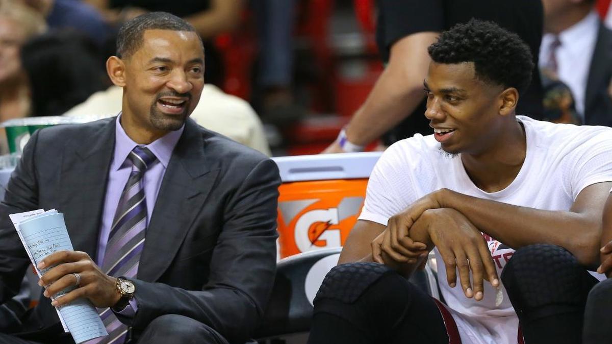 Miami Heat assistant coach Juwan Howard, left, will coach the team’s Summer League squad. Center Hassan Whiteside, on the other hand, is preparing for his free agency tour.