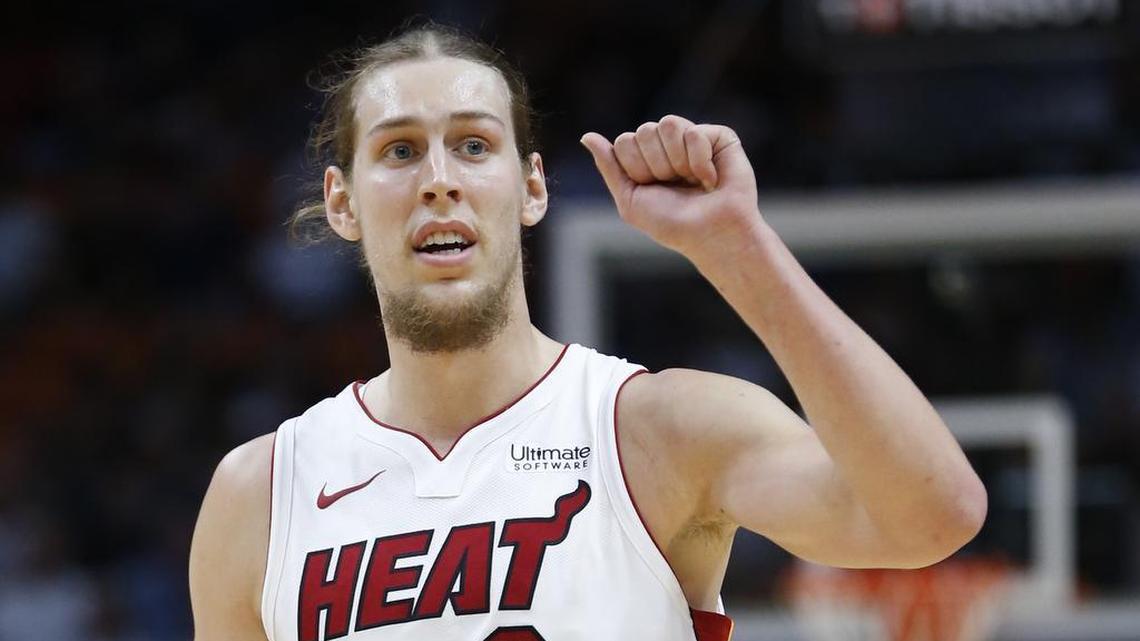 Miami Heat forward Kelly Olynyk calls out a play during the first half of an NBA basketball game against the Atlanta Hawks, Monday, Oct. 23, 2017, in Miami.
