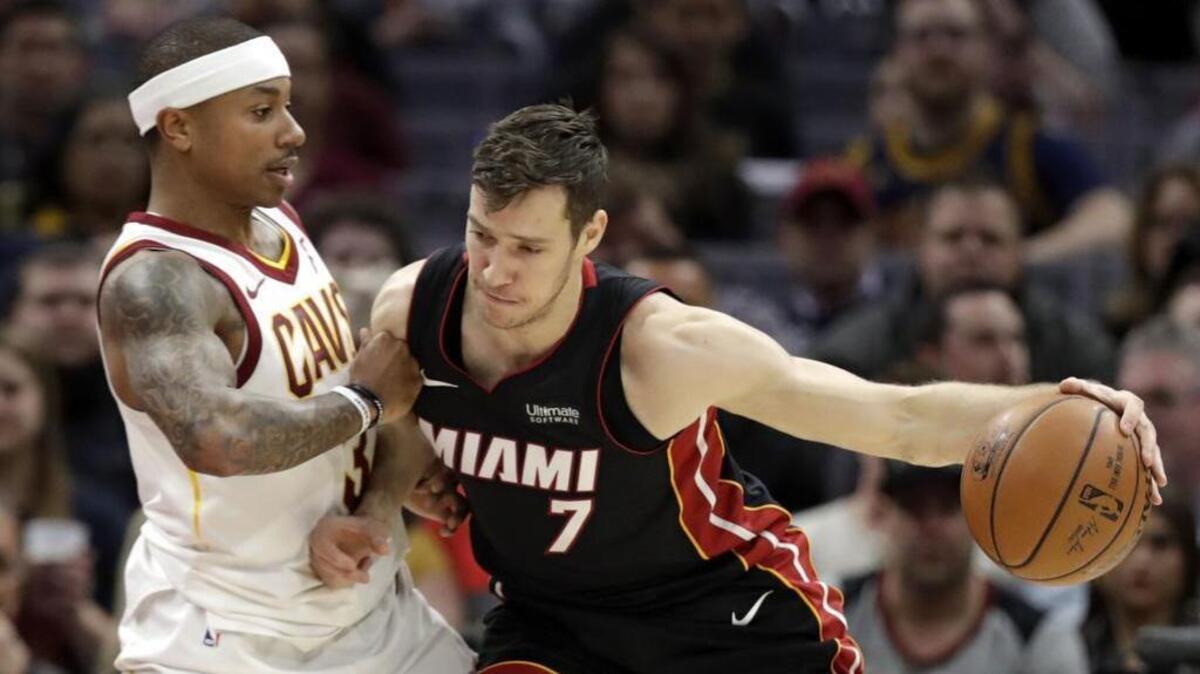 Miami Heat's Goran Dragic (7) seen here driving past Cleveland Cavaliers' Isaiah Thomas (3) in the first half of Wednesday’s game in Cleveland, earned a spot Thursday in the upcoming NBA All-Star Game.