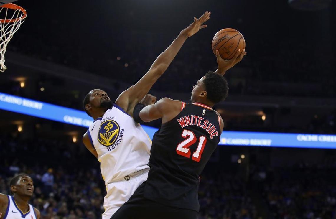 Kevin Durant of the Golden State Warriors blocks a shot taken by Hassan Whiteside of the Miami Heat at ORACLE Arena on Nov. 6, 2017, in Oakland, California.