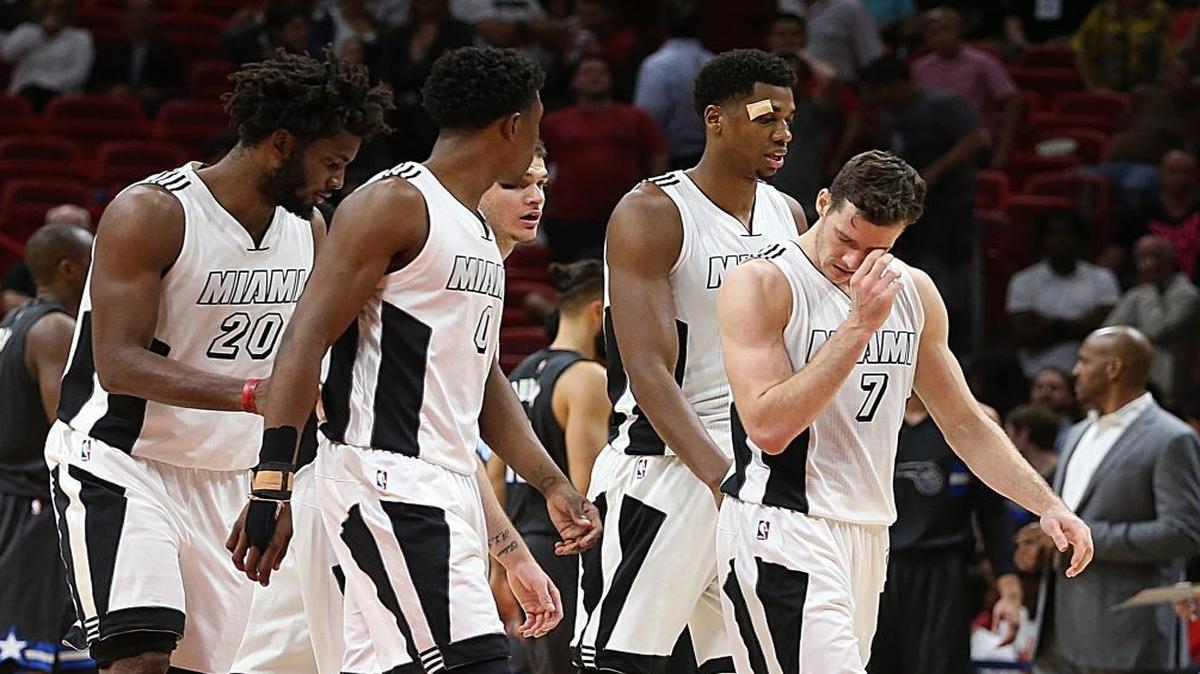 Miami Heat players react as the Magic takes the lead in the fourth quarter of the Miami Heat and Orlando Magic game at AmericanAirlines Arena in Miami on Tues., Dec. 20, 2016.