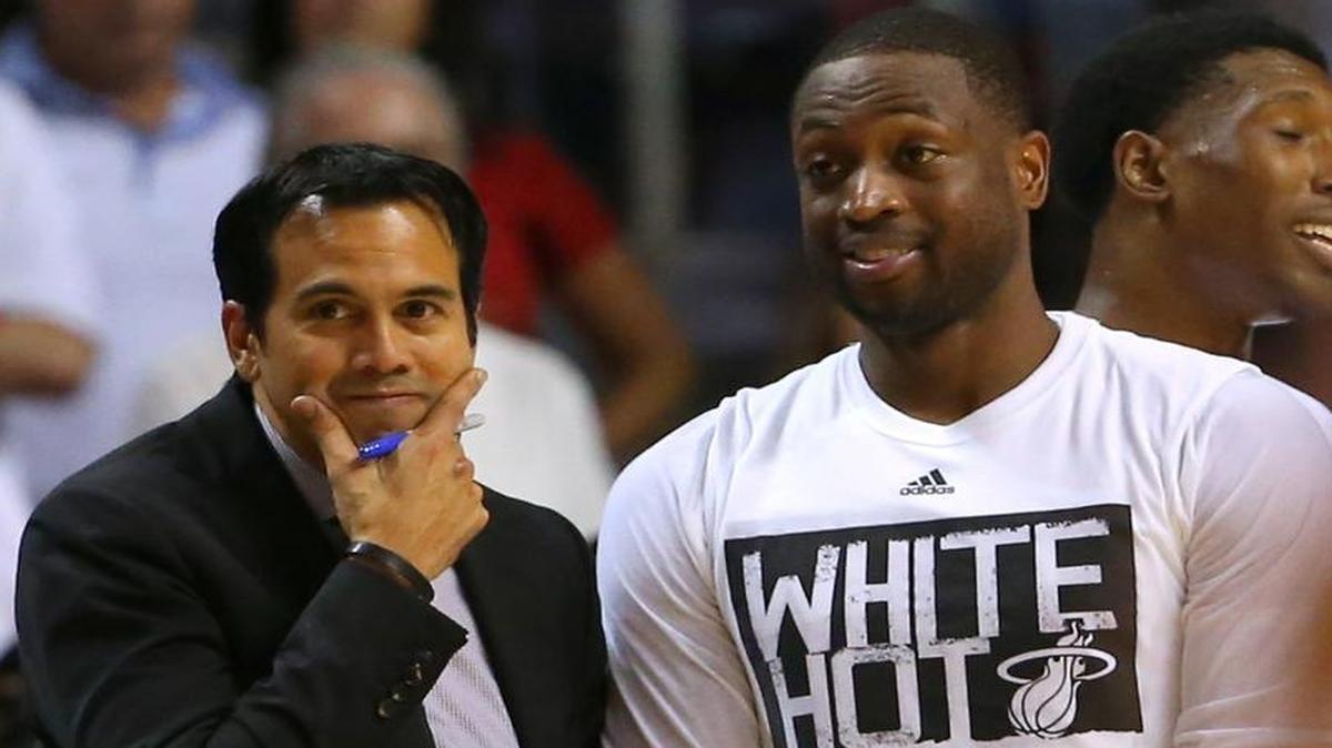 Miami Heat coach Erik Spoelstra, left, and Dwyane Wade have the Heat back in the second round again.