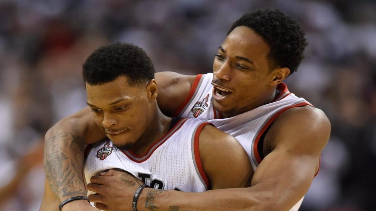 Toronto All-Stars Kyle Lowry, left, and DeMar DeRozan combined for 63 points on Sunday, with Lowry scoring 35 points while DeRozan added 28.