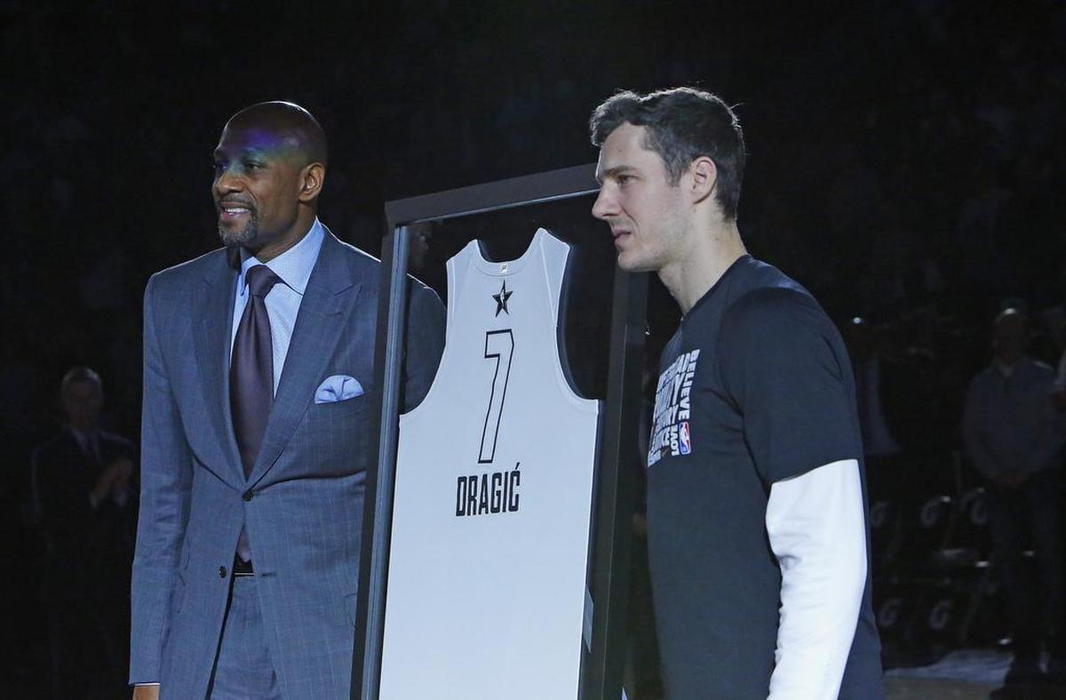 Goran Dragic gets presented with his All-Star jersey during the first quarter of an NBA basketball game at the AmericanAirlines Arena in Miami on Wednesday, February 7, 2018.