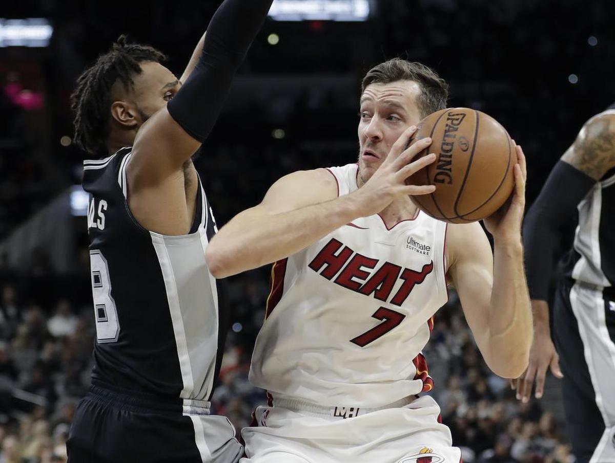 Miami Heat guard Goran Dragic (7) works the ball around San Antonio Spurs guard Patty Mills (8) during the first half of an NBA basketball game Wednesday, Dec. 6, 2017, in San Antonio.