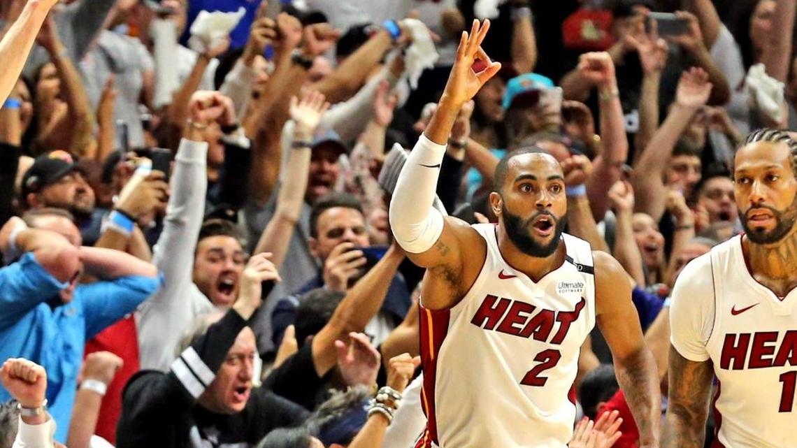 Miami Heat Wayne Ellington (2) after one of his three-pointers in regular time at the end of the fourth quarter as they play the Toronto Raptors at the AmericanAirlines Arena in Miami, Florida, April 11, 2018.